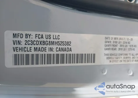 2021 Dodge Charger Sxt Rwd z USA, uszkodzony, nr VIN 2C3CDXBG8MH525382